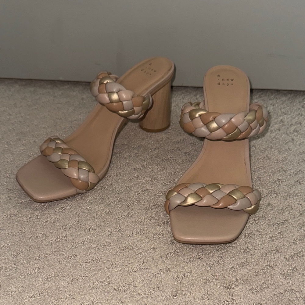 A New Day Braided Heeled Sandals - Cream and Gold